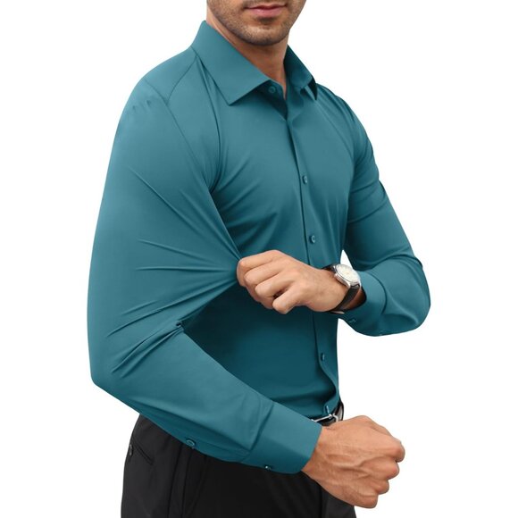 Men's Turquoise Long Sleeve Slim Muscle Fit Wrinkle Free Button Down Dress Shirt - Picture 2 of 9